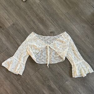 Cream Bell Sleeve Crop Blouse with Tie Front